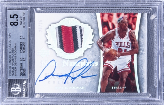 2005-06 UD "Exquisite Collection" Noble Nameplates #NNDR Dennis Rodman Signed Game Used Patch Card (#20/25) - BGS NM-MT+ 8.5/BGS 10